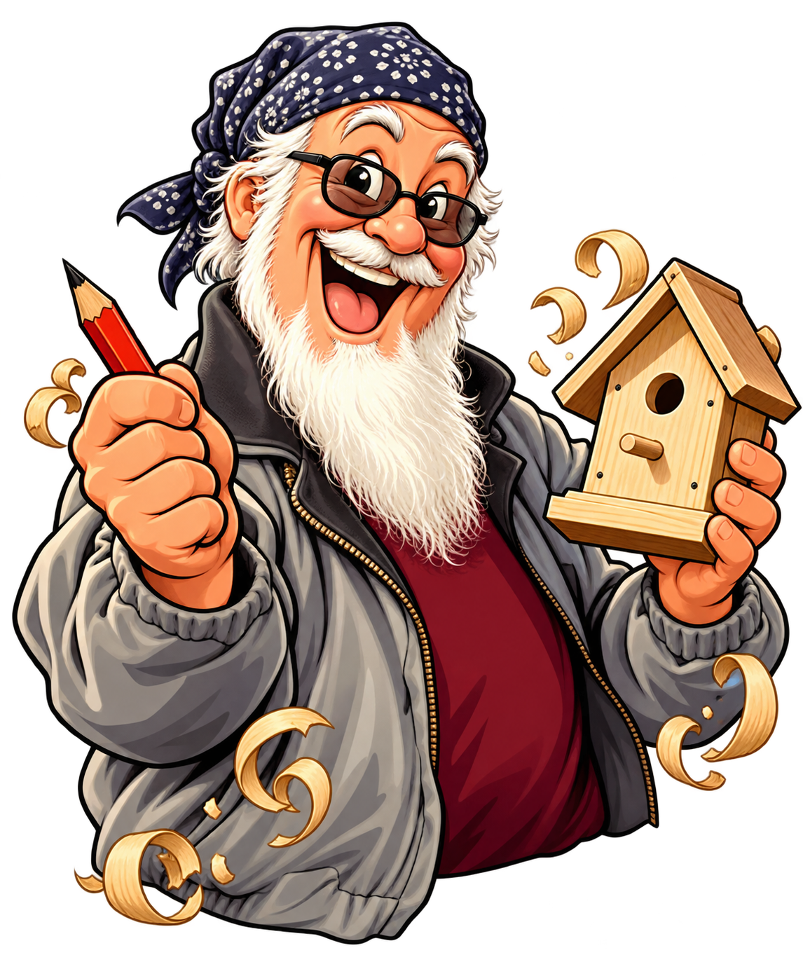 Cartoon mascot of Scott, a smiling woodworker with a white beard, bandana, pencil, and wooden birdhouse